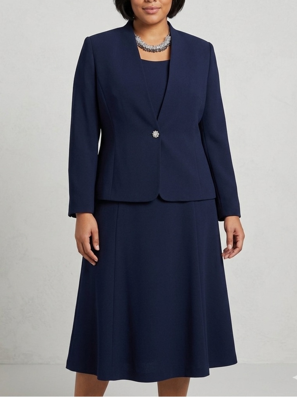 TRADITION Navy 2 Piece Dress and Single-Button Formal Jacket Set 14 Petite